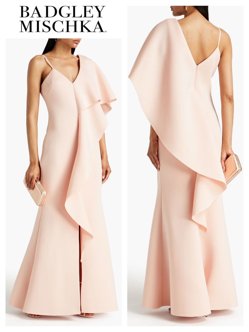 BADGLEY MISCHKA Asymmetrical Scuba Ruffle Gown